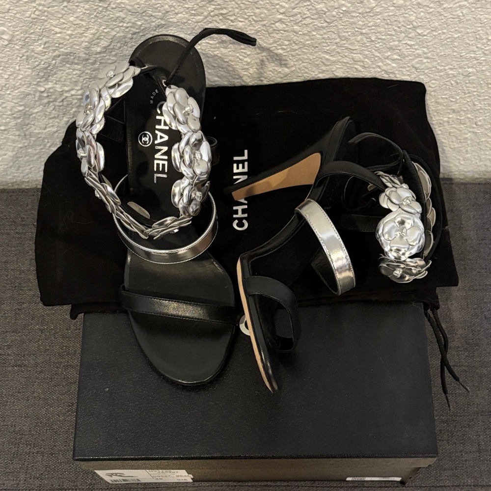 EUC CHANEL Black and Silver Camellia Ankle Wrap Sandal Heels SZ 39